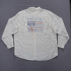 Tommy Bahama Shirt Mens 2XL White Linen American Flag Reverse Print Breathable